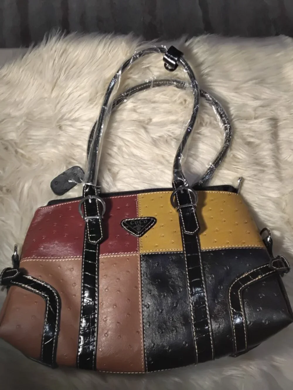 Coco USA Patchwork Ostrich‑Texture Tote – Mustard/Black/Brown/Tan